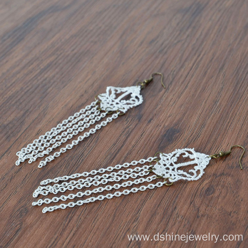White Lace Earring With Chains Tassel Hook Earring